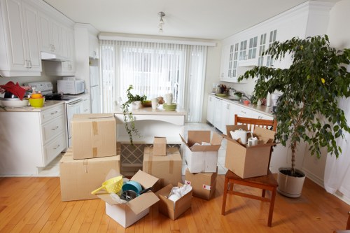 Packed moving boxes and essentials prepared for a Maida Vale flat relocation