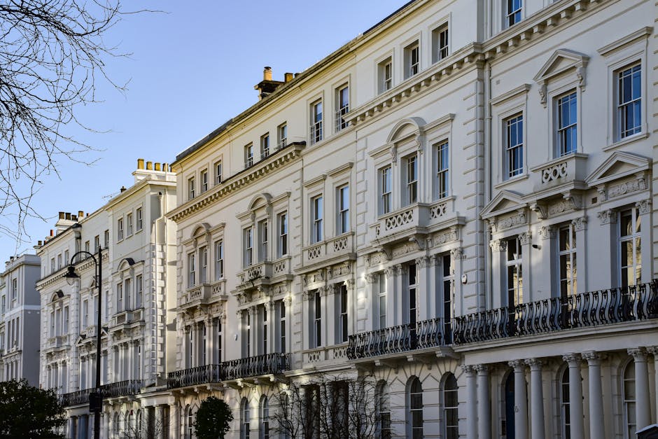 Exterior view of a row of elegant, white multi-storey buildings with classical architectural details including decorative cornices, balustrades, and window moldings, situated on a city street on a clear day with bright sunlight. In the foreground, a black wrought-iron balcony runs along the length of the buildings. A black street lamp is visible near the left side, and leafless tree branches extend into the frame against a blue sky. This environment depicts a residential area suitable for house removals and furniture transport, with the buildings likely serving as flats or apartments. The photo showcases the exterior of properties where home relocation services by Removal Van Maida Vale could be arranged, emphasizing the urban setting and architectural features involved in moving or packing processes inside such buildings.