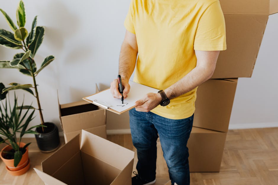 A person wearing a yellow t-shirt and blue jeans is standing inside a room filled with packed cardboard boxes of various sizes, some open and some closed, ready for home relocation. They are holding a clipboard and a black marker, appearing to take notes or check off items in a moving checklist. The room has a light-colored wall and wooden flooring, with a large green potted plant placed in a black pot on the left side. Several cardboard boxes are stacked behind the individual, suggesting an ongoing packing or loading process as part of furniture transport. The scene is well-lit, highlighting the practical steps involved in packing and moving, which are integral to professional removals services like those offered by Removal Van Maida Vale.